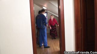 Long jugs mature old lady satisfy 2 workers