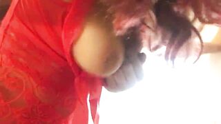A old cougar into red panties blown her son's cock