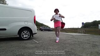 Red Oral Sex Slut Boobs Skank Sissy Exposed Naked Outside Parking Area Gets