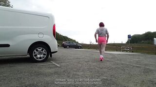Red Oral Sex Slut Boobs Skank Sissy Exposed Naked Outside Parking Area Gets