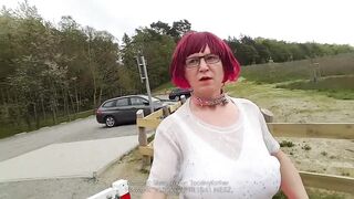 Red Oral Sex Slut Boobs Skank Sissy Exposed Naked Outside Parking Area Gets