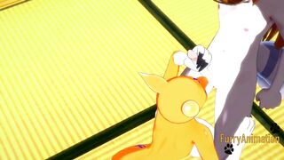 Digimon Cartoon - Taomon & Grey Fox fellatio hand job boobjob