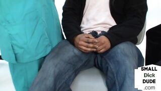 CFNM babes jerk small ebony penis at the dentist