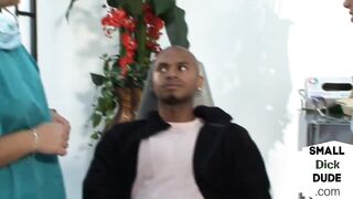 CFNM babes jerk small ebony penis at the dentist