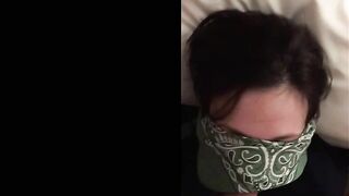 Blindfolded college skank blows cock after party