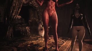 Resident Evil 8 Naked Lady Dimitrescu Red Lace Panties & Bottomless Daughters