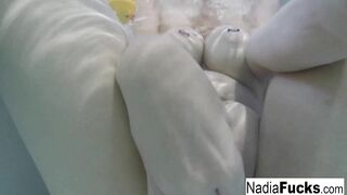Long Tittied Blonde Masturbates with Latex Ducks