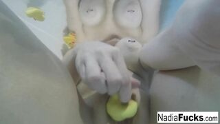 Long Tittied Blonde Masturbates with Latex Ducks