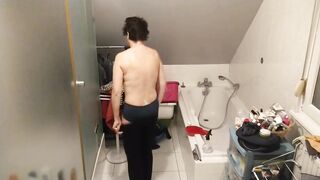 french older in the bathroom
