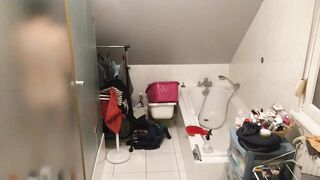 french older in the bathroom