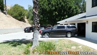 Blonde teenagers takes long ebony rod