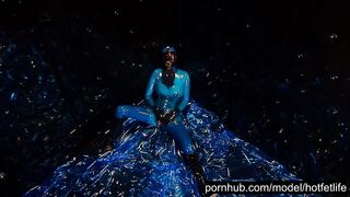 Heavy Pvc Beauty with Huge Melons into Transparent Blue Pvc Catsuit and