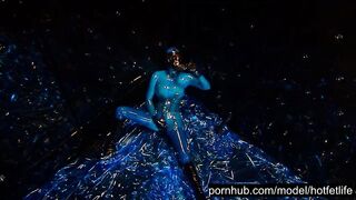 Heavy Pvc Beauty with Huge Melons into Transparent Blue Pvc Catsuit and
