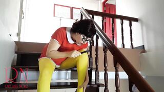 Velma Yellow Tights Performing into older House at Stairway