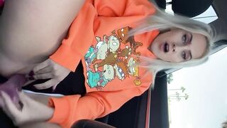 Blonde chick Fucks herself and Squirts inside Outdoors