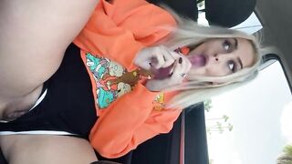Blonde chick Fucks herself and Squirts inside Outdoors