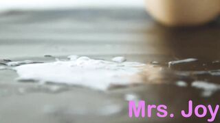 Cleaning up HIs Cum by Licking it off the Floor like a