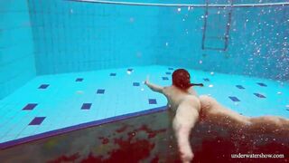 Huge melons slender goddess Deniska swimming inside the pool