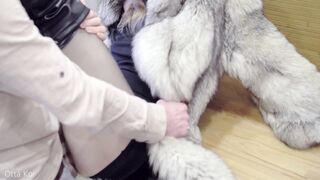 Goddess Passionate Sex on the Table into Fur Coat and Ebony Leather