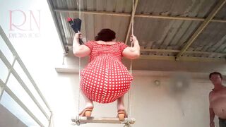 Depraved Housewife Swinging with Lingerie on a Swing