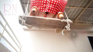 Depraved Housewife Swinging with Lingerie on a Swing