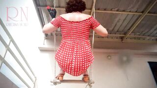 Depraved Housewife Swinging with Lingerie on a Swing