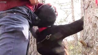 Outside sex into the wood. Wearing hot clothes and high