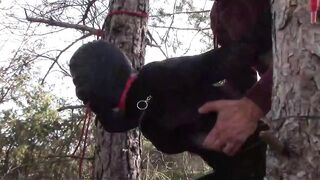 Outside sex into the wood. Wearing hot clothes and high