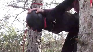 Outside sex into the wood. Wearing hot clothes and high