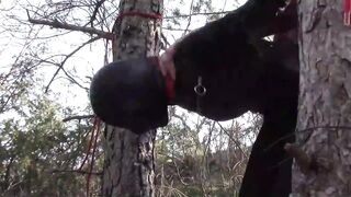 Outside sex into the wood. Wearing hot clothes and high