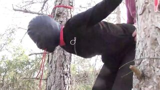 Outside sex into the wood. Wearing hot clothes and high