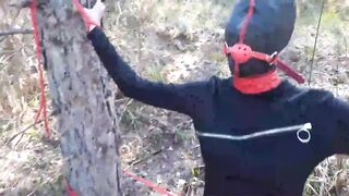 Outside sex into the wood. Wearing hot clothes and high