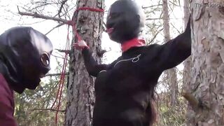 Outside sex into the wood. Wearing hot clothes and high