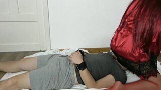 chick inside Red Tights on Sub inside Handcuffs Socks Femdome. PART 6