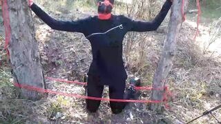 Bound to a Tree on a Cutie Outfit, Masked and Outdoors Deep Throat