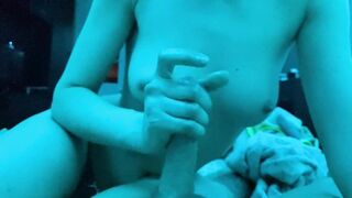 Petite Women Juicy Jerks off Bro, Quick Hand Job, Cum on titties,point of view