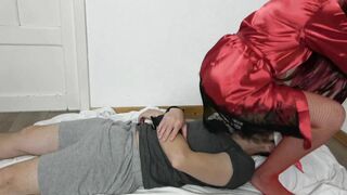 Kinging women inside Red Tights on Sub inside Handcuffs Socks Femdome.