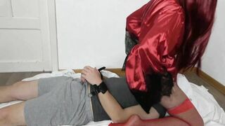Kinging women inside Red Tights on Sub inside Handcuffs Socks Femdome.
