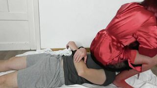 Kinging women inside Red Tights on Sub inside Handcuffs Socks Femdome.