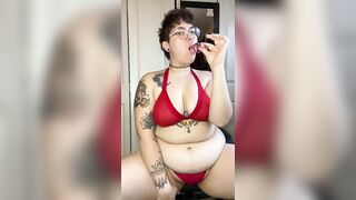 Inked BBW Ejaculates with Huge Glass Toy