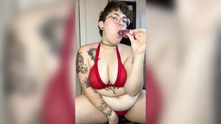 Inked BBW Ejaculates with Huge Glass Toy