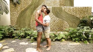 He takes a giant ebony penis outdoors