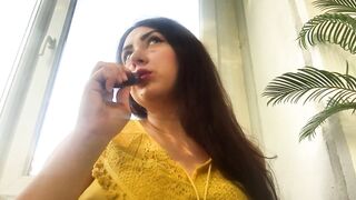Beutifull Dark Haired cougar Swallow Wine ,smoke E-sig and Play with Big Titts!