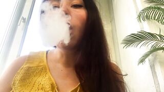 Beutifull Dark Haired cougar Swallow Wine ,smoke E-sig and Play with Big Titts!