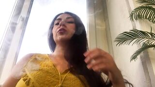 Beutifull Dark Haired cougar Swallow Wine ,smoke E-sig and Play with Big Titts!