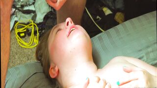 Penis Hungry 18 Year Old Stepbrother Fucks her Throat Hard on Edge of Bed