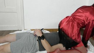 Queening sluts into Red Stockings on Sub into Handcuffs Socks Femdome