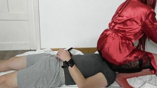 Queening sluts into Red Stockings on Sub into Handcuffs Socks Femdome