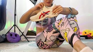 Lover inside Fitness Clothers and White Sneakers. Toes Bondage with White Socks