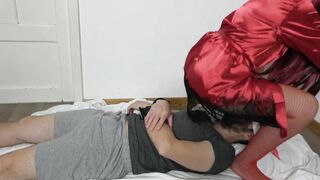 Face Sitting chick into Red Tights on Sub inside Handcuffs Socks Femdome